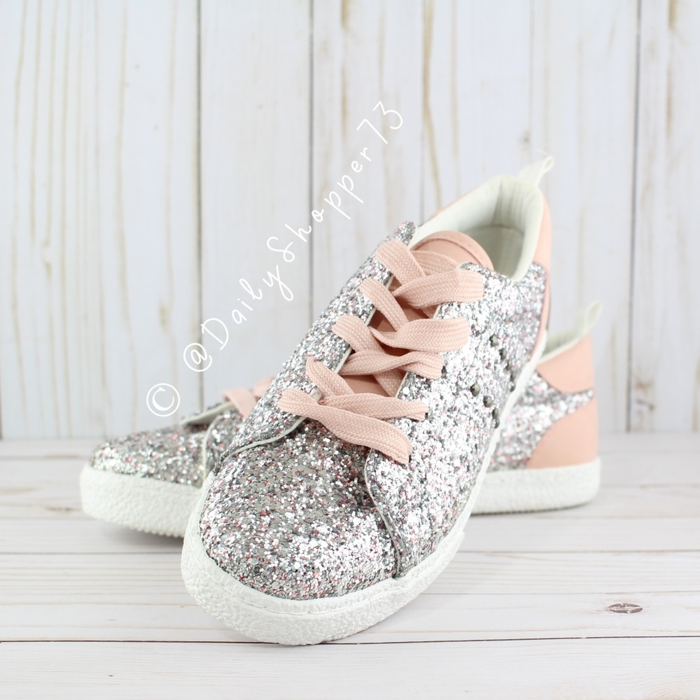 Primark Girls' Super Sparkly Dusty Rose Chunky Glitter Sneakers